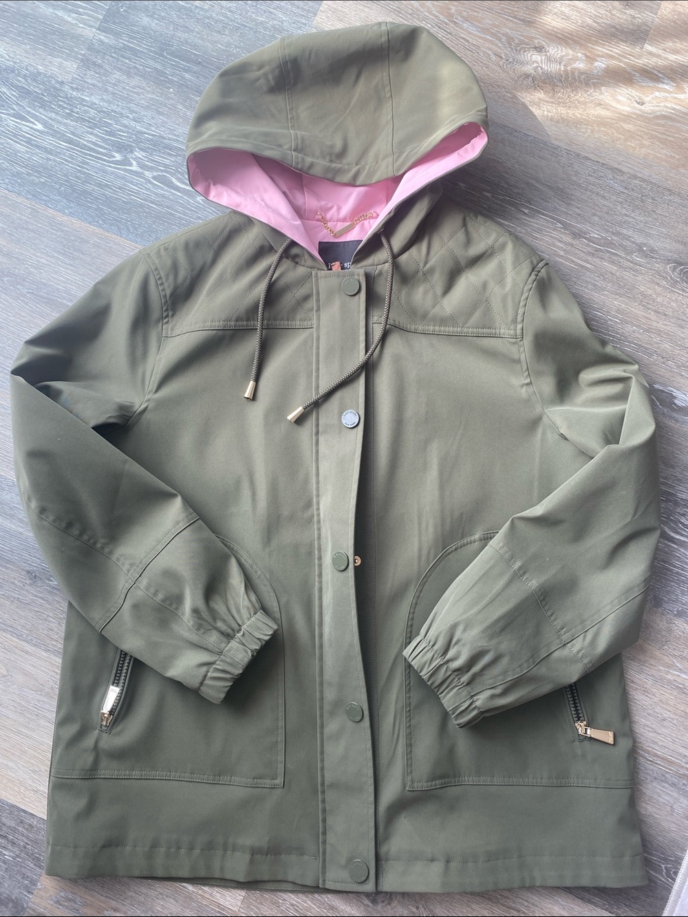 kate spade Olive Green Hooded Jacket with Pink Lining